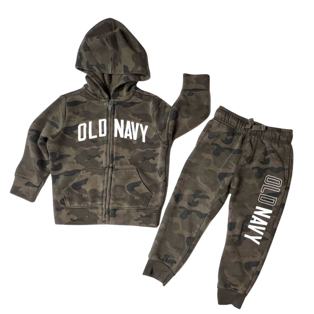 Old Navy Boys Camouflage Zip Logo Hoodie Pant‎ Outfit Green Toddler 2T Sweats